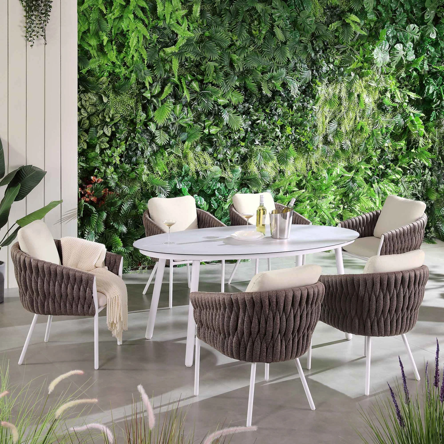 Montebello White and Taupe Rope β Marble Ceramic Oval 6-Seater Dining Set 2 Montebello White and Taupe Rope β Marble Ceramic Oval 6-Seater Dining Set - Image 2