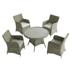 Hampshire 4-Seater Round Wicker Rattan Dining Set, Desert Sage 24 Hampshire 4-Seater Round Wicker Rattan Dining Set, Desert Sage -Daals Store OD DINE 110 GREEN SET WB2