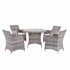 Hampshire Light Grey Round Wicker 4-Seater Dining Set – Wood-Effect Aluminium Top & Armchairs -Daals Store OD DINE 110 LGREY SET WB2