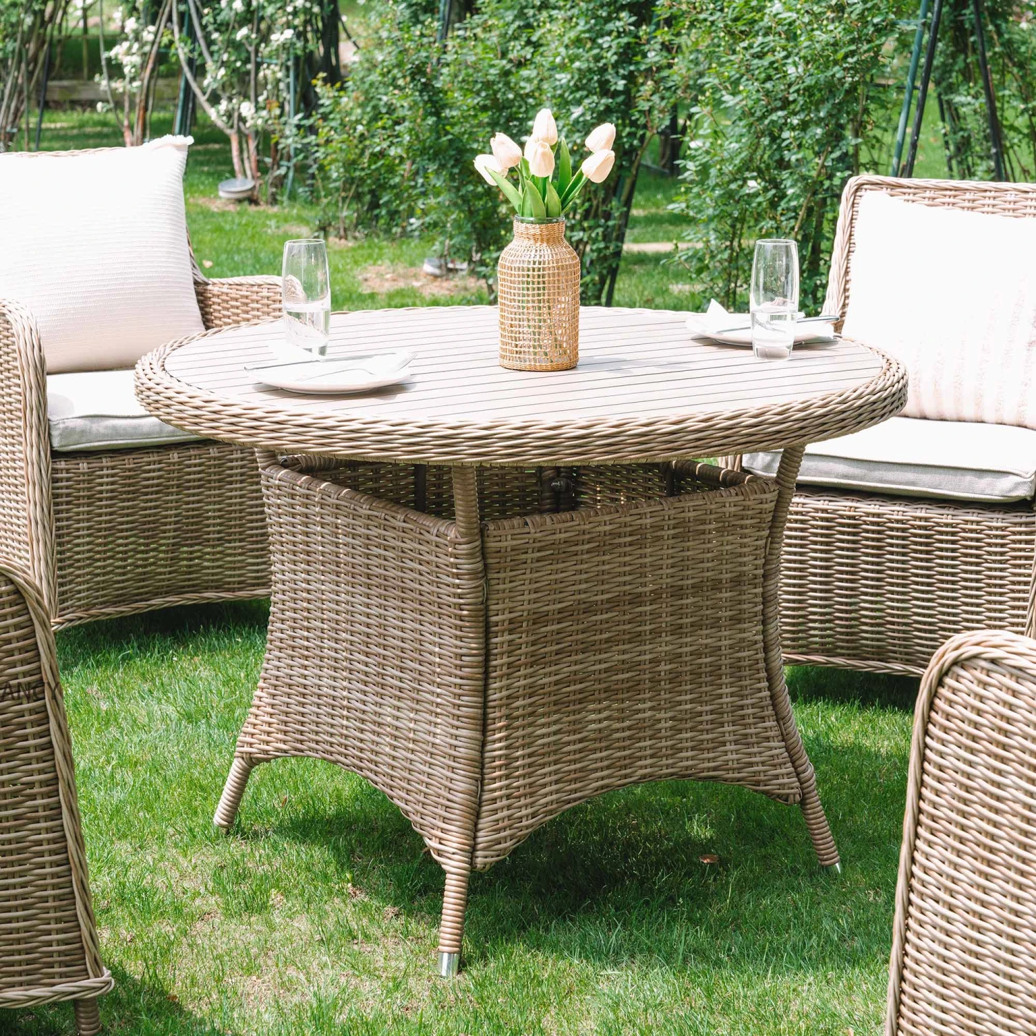 Hampshire 4-Seater Round Wicker Rattan Dining Set in Natural β Weatherproof Garden Furniture with Wood-Effect Table 2 Hampshire 4-Seater Round Wicker Rattan Dining Set in Natural β Weatherproof Garden Furniture with Wood-Effect Table - Image 2