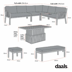 Earlswood Washed Wood Effect Aluminium 9-10 Seater Large Corner Sofa Set with Dual-Height Rising Table in Beige -Daals Store OD DINE 1245 CHART