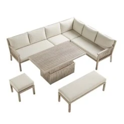 Earlswood Washed Wood Effect Aluminium 9-10 Seater Large Corner Sofa Set with Dual-Height Rising Table in Beige -Daals Store OD DINE 1245 NAT WB3