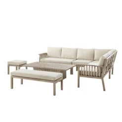 Earlswood Washed Wood Effect Aluminium 9-10 Seater Large Corner Sofa Set with Dual-Height Rising Table in Beige -Daals Store OD DINE 1245 NAT WB7