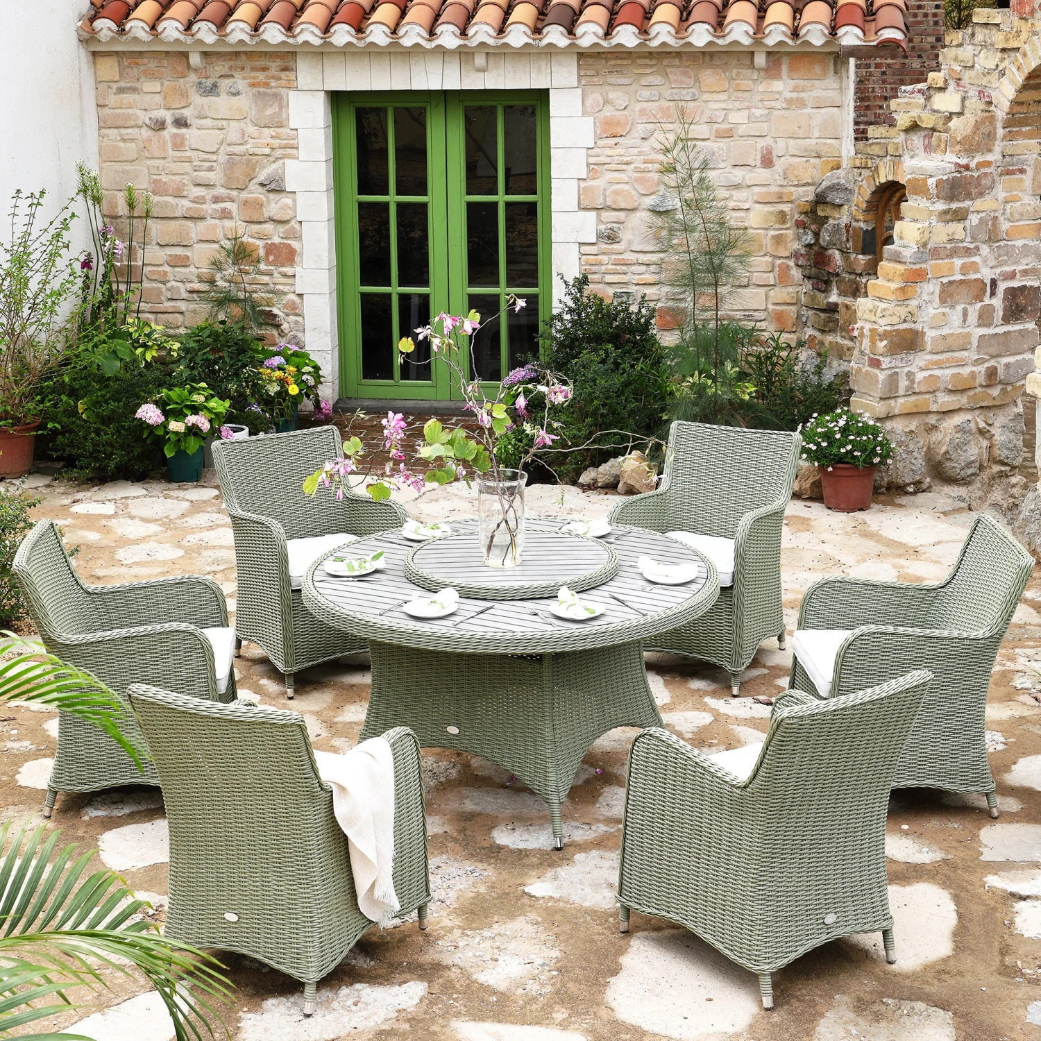 Hampshire 6-Seater Round Wicker Rattan Dining Set With Lazy Susan & Ice Bucket, Desert Sage 2 Hampshire 6-Seater Round Wicker Rattan Dining Set With Lazy Susan & Ice Bucket, Desert Sage - Image 2