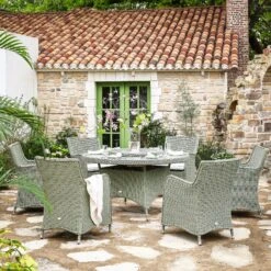Hampshire 6-Seater Round Wicker Rattan Dining Set With Lazy Susan & Ice Bucket, Desert Sage