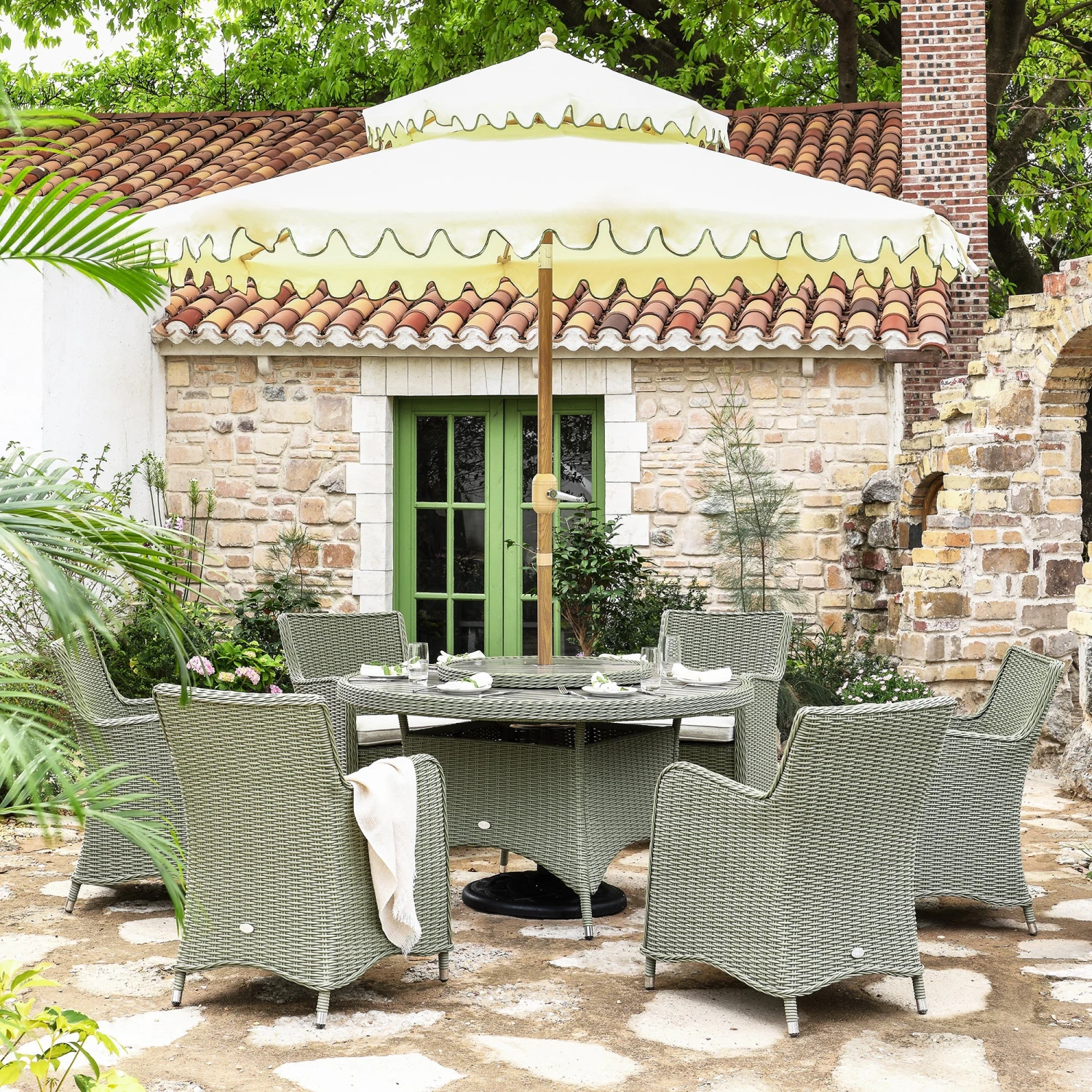 Hampshire 6-Seater Round Wicker Rattan Dining Set With Lazy Susan & Ice Bucket, Desert Sage 3 Hampshire 6-Seater Round Wicker Rattan Dining Set With Lazy Susan & Ice Bucket, Desert Sage - Image 3