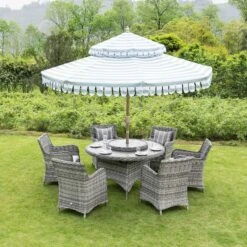 Hampshire 6-Seater Round Wicker Rattan Dining Set With Lazy Susan & Ice Bucket, Light Grey