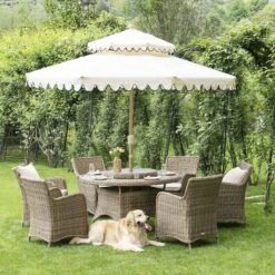 Hampshire 6-Seater Round Wicker Rattan Dining Set With Lazy Susan & Ice Bucket, Natural