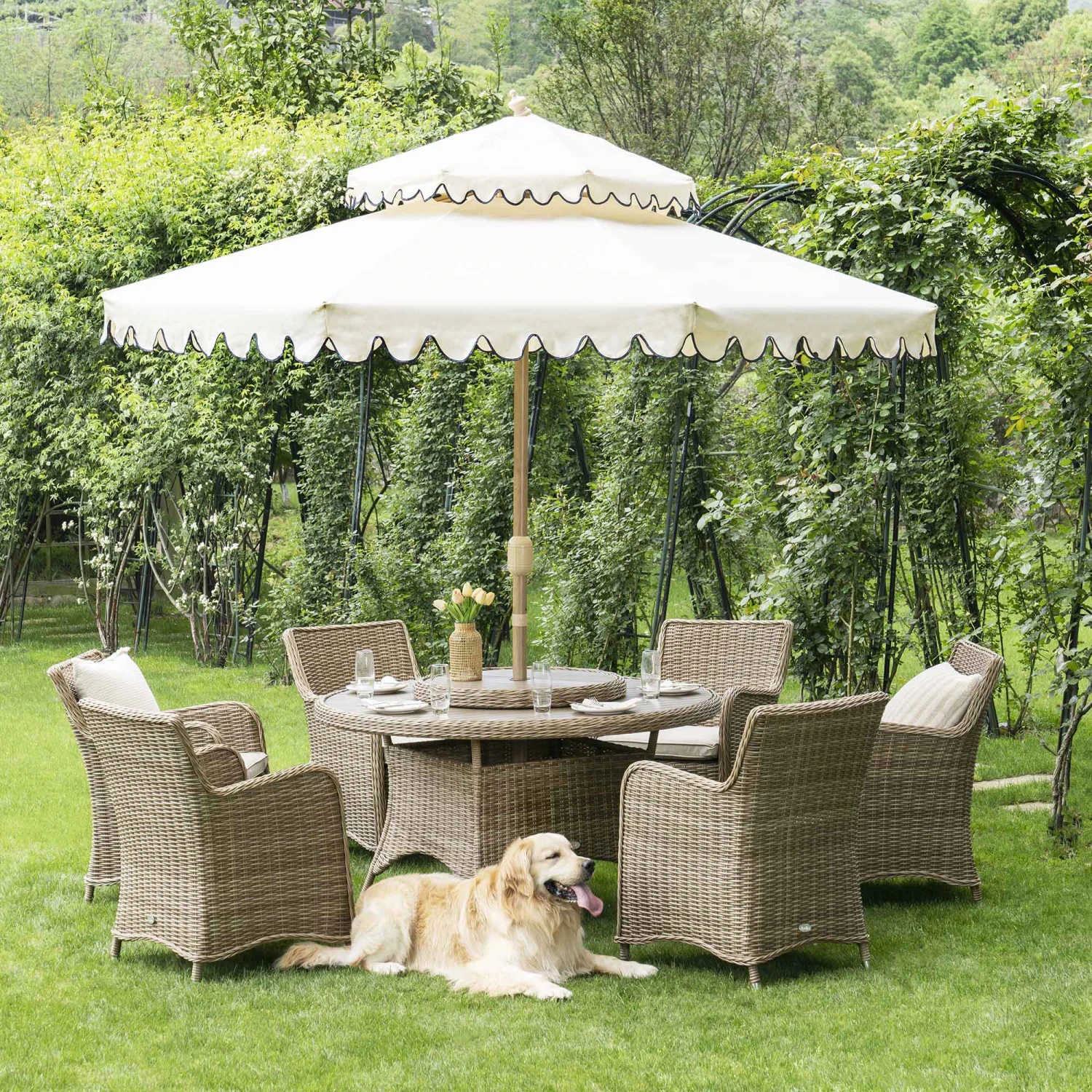 Hampshire 6-Seater Round Wicker Rattan Dining Set With Lazy Susan & Ice Bucket, Natural 1 Hampshire 6-Seater Round Wicker Rattan Dining Set With Lazy Susan & Ice Bucket, Natural