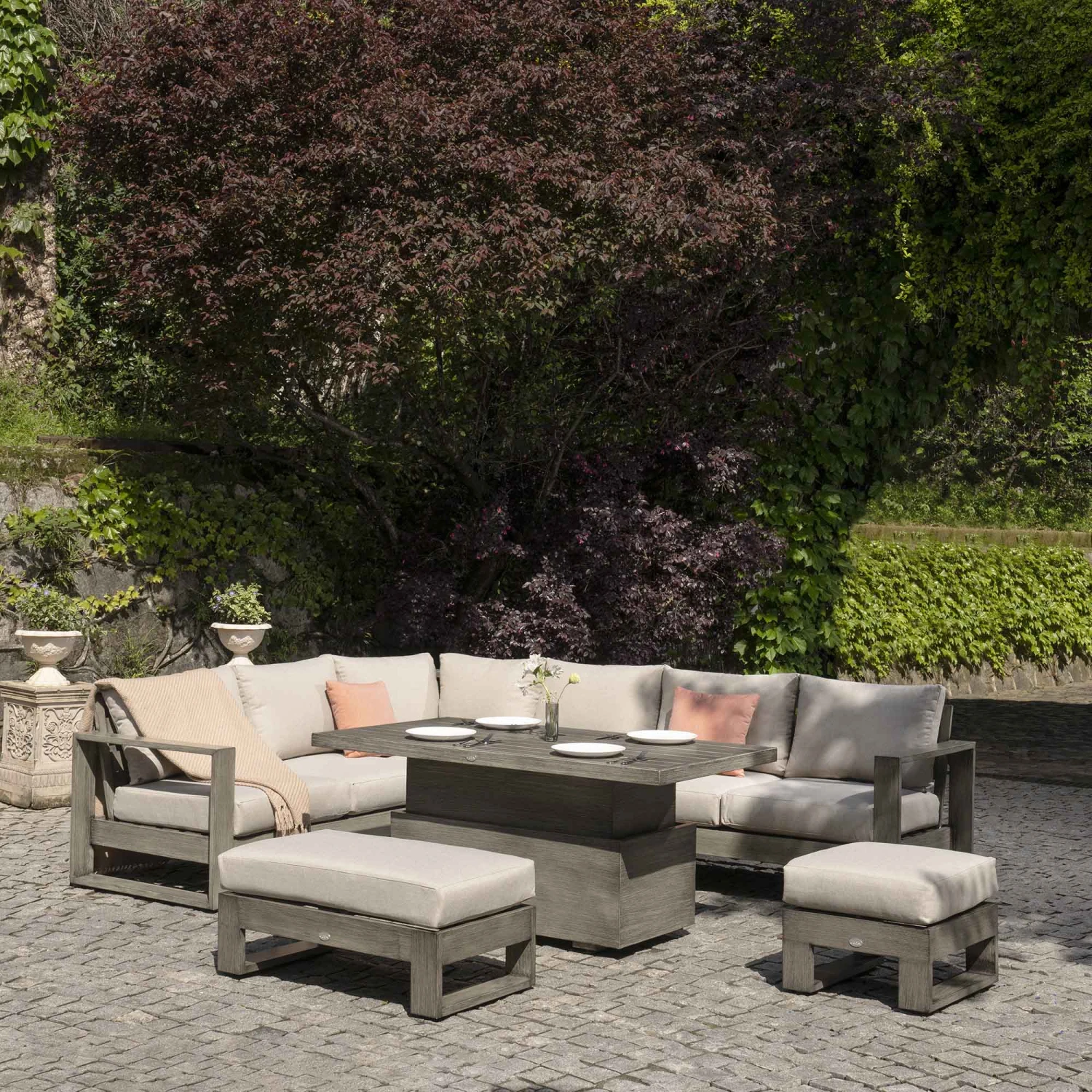 Montrose Aluminium Large Corner Casual Dining Set With Rising Table, Brushed Silver Oak 1 Montrose Aluminium Large Corner Casual Dining Set With Rising Table, Brushed Silver Oak