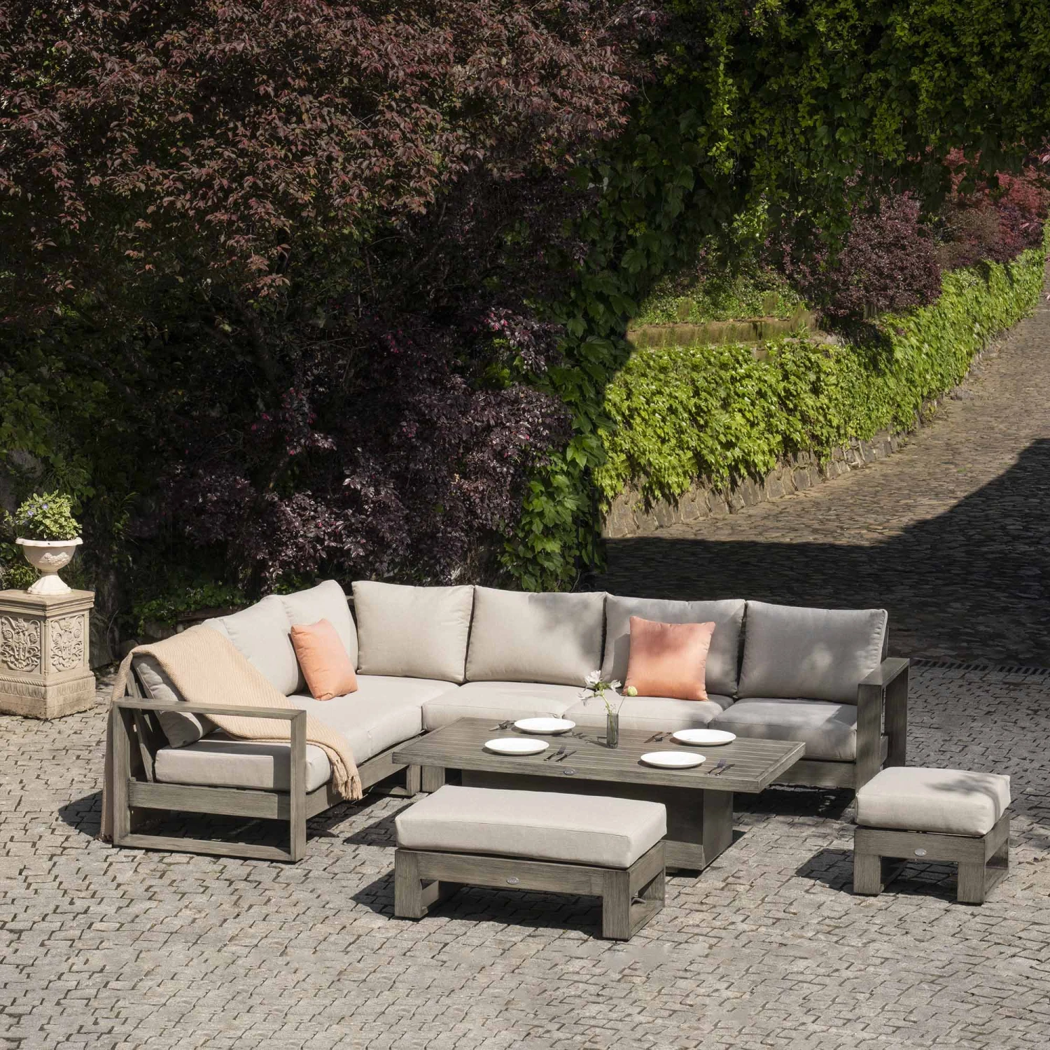 Montrose Aluminium Large Corner Casual Dining Set With Rising Table, Brushed Silver Oak 2 Montrose Aluminium Large Corner Casual Dining Set With Rising Table, Brushed Silver Oak - Image 2