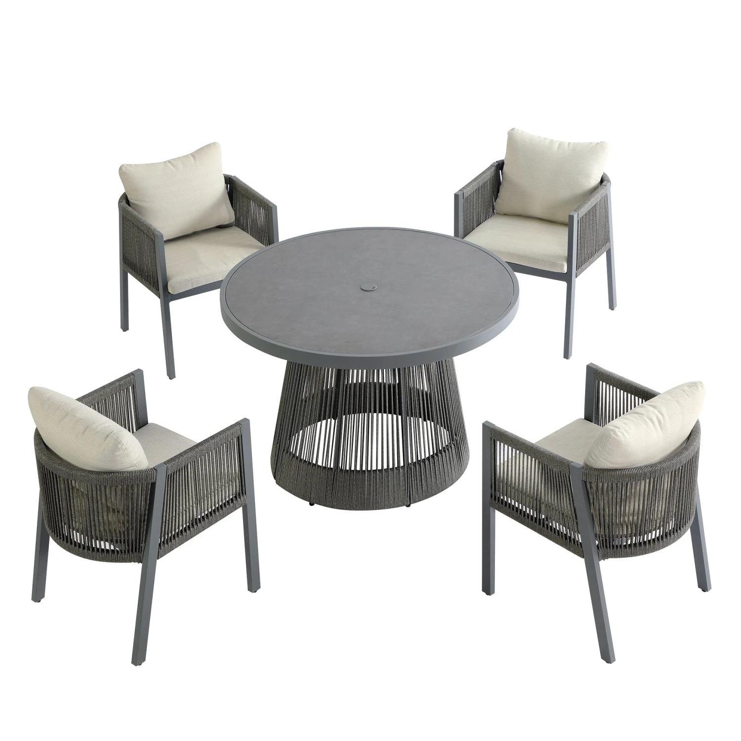 Pedra Rope And Aluminium Outdoor 4-Seater Round Dining Set, Grey 2 Pedra Rope And Aluminium Outdoor 4-Seater Round Dining Set, Grey - Image 2