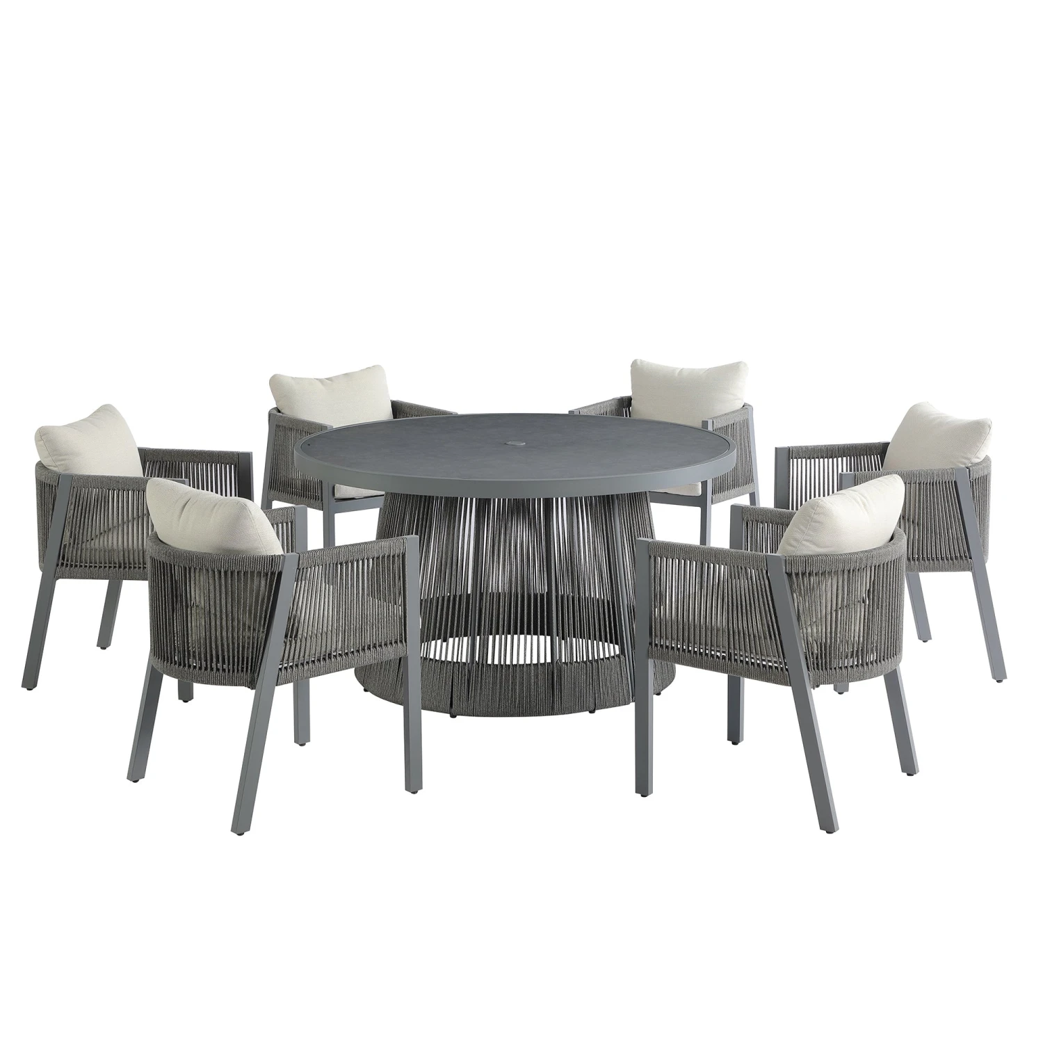 Pedra Rope And Aluminium Outdoor 6-Seater Round Dining Set, Grey 1 Pedra Rope And Aluminium Outdoor 6-Seater Round Dining Set, Grey