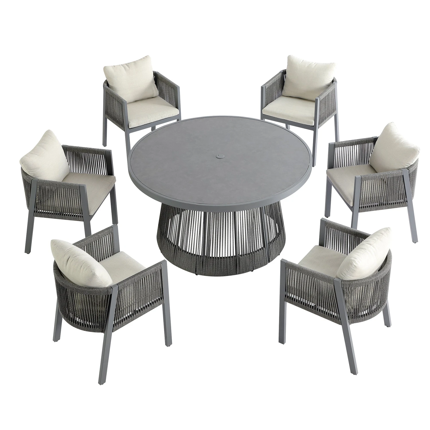 Pedra Rope And Aluminium Outdoor 6-Seater Round Dining Set, Grey 2 Pedra Rope And Aluminium Outdoor 6-Seater Round Dining Set, Grey - Image 2