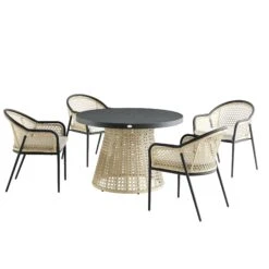 Pienza Outdoor Rattan 4-Seater Round Dining Set - Oatmeal & Black Frame Stone-Effect Glass -Daals Store OD DINE 2202 BLACK OAT SET WB1