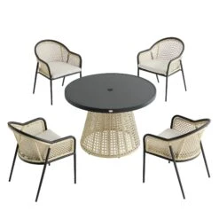 Pienza Outdoor Rattan 4-Seater Round Dining Set - Oatmeal & Black Frame Stone-Effect Glass -Daals Store OD DINE 2202 BLACK OAT SET WB2
