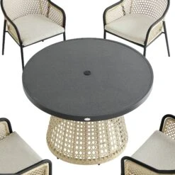 Pienza Outdoor Rattan 4-Seater Round Dining Set - Oatmeal & Black Frame Stone-Effect Glass -Daals Store OD DINE 2202 BLACK OAT SET detail1