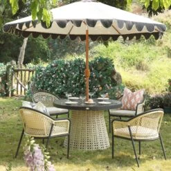 Pienza Outdoor Rattan 4-Seater Round Dining Set - Oatmeal & Black Frame Stone-Effect Glass -Daals Store OD DINE 2202 BLACK OAT SET scene2