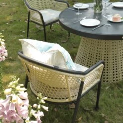 Pienza Outdoor Rattan 4-Seater Round Dining Set - Oatmeal & Black Frame Stone-Effect Glass -Daals Store OD DINE 2202 BLACK OAT SET scene3