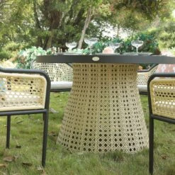 Pienza Outdoor Rattan 4-Seater Round Dining Set - Oatmeal & Black Frame Stone-Effect Glass -Daals Store OD DINE 2202 BLACK OAT SET scene4