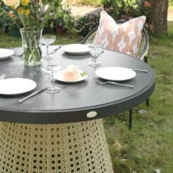 Pienza Outdoor Rattan 4-Seater Round Dining Set - Oatmeal & Black Frame Stone-Effect Glass -Daals Store OD DINE 2202 BLACK OAT SET scene6