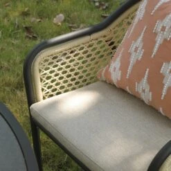 Pienza Outdoor Rattan 4-Seater Round Dining Set - Oatmeal & Black Frame Stone-Effect Glass -Daals Store OD DINE 2202 BLACK OAT SET scene7