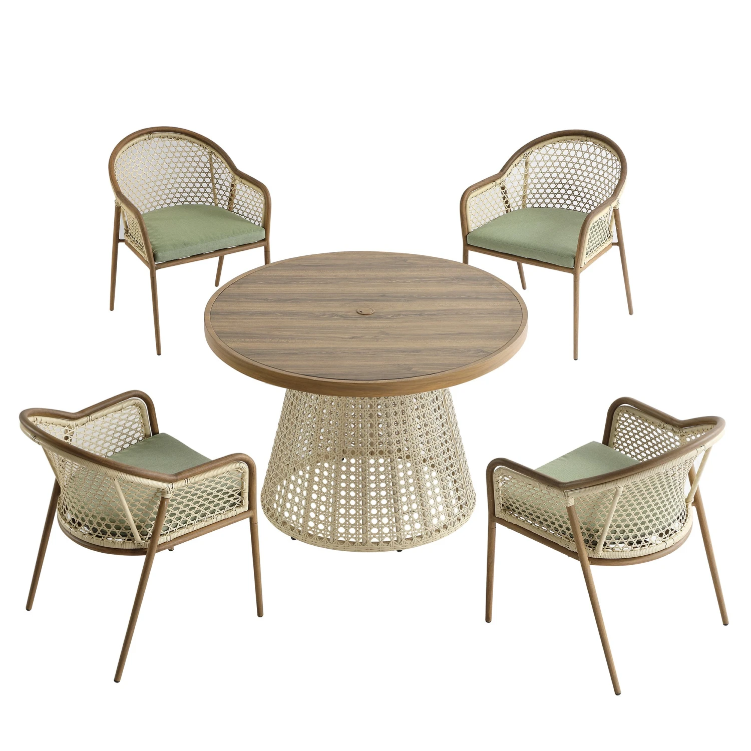 Pienza 4-Seater Outdoor Rattan Round Dining Set - Sage Green Fabric & Light Walnut Wood-Effect Frame 8 Pienza 4-Seater Outdoor Rattan Round Dining Set - Sage Green Fabric & Light Walnut Wood-Effect Frame - Image 8