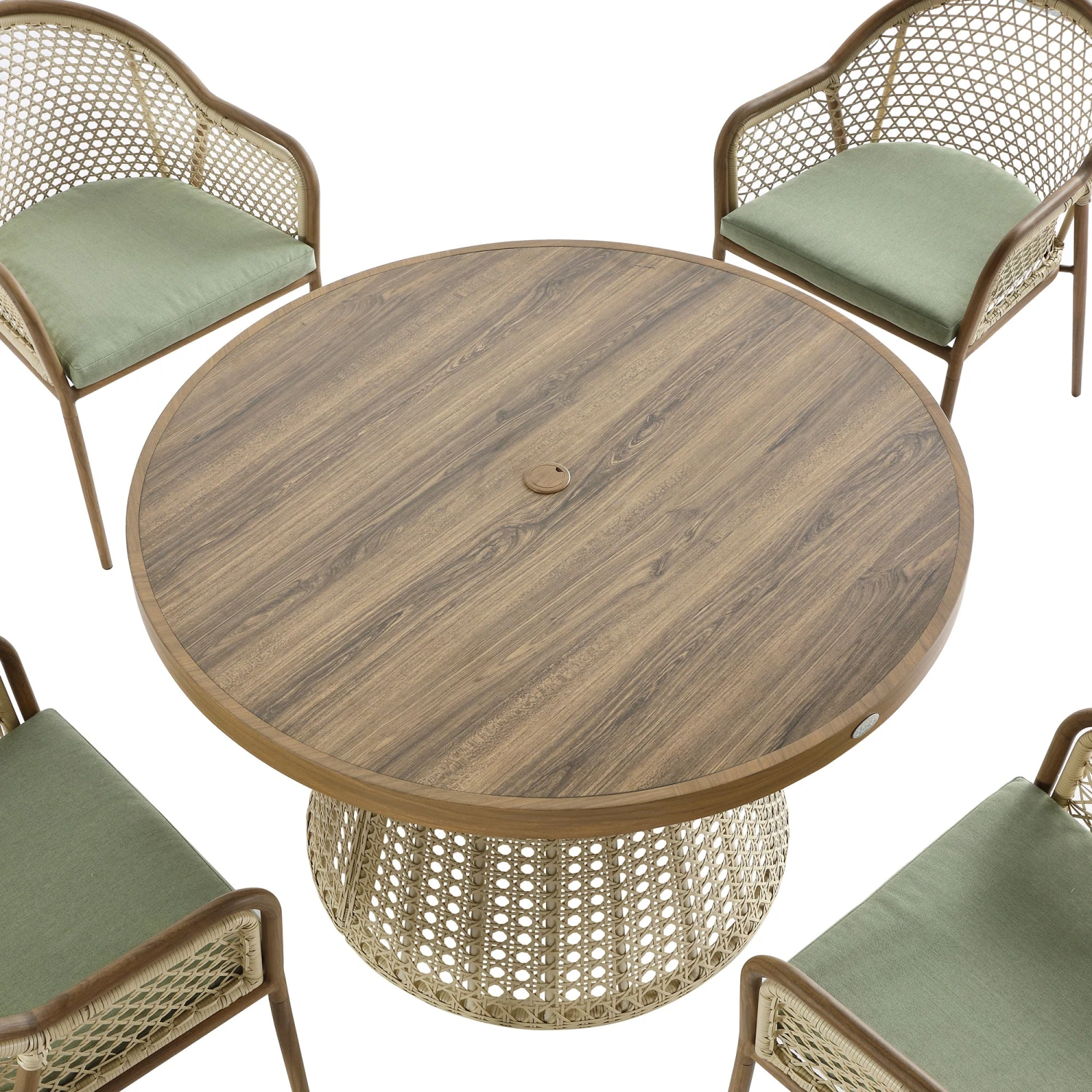 Pienza 4-Seater Outdoor Rattan Round Dining Set - Sage Green Fabric & Light Walnut Wood-Effect Frame 11 Pienza 4-Seater Outdoor Rattan Round Dining Set - Sage Green Fabric & Light Walnut Wood-Effect Frame - Image 11