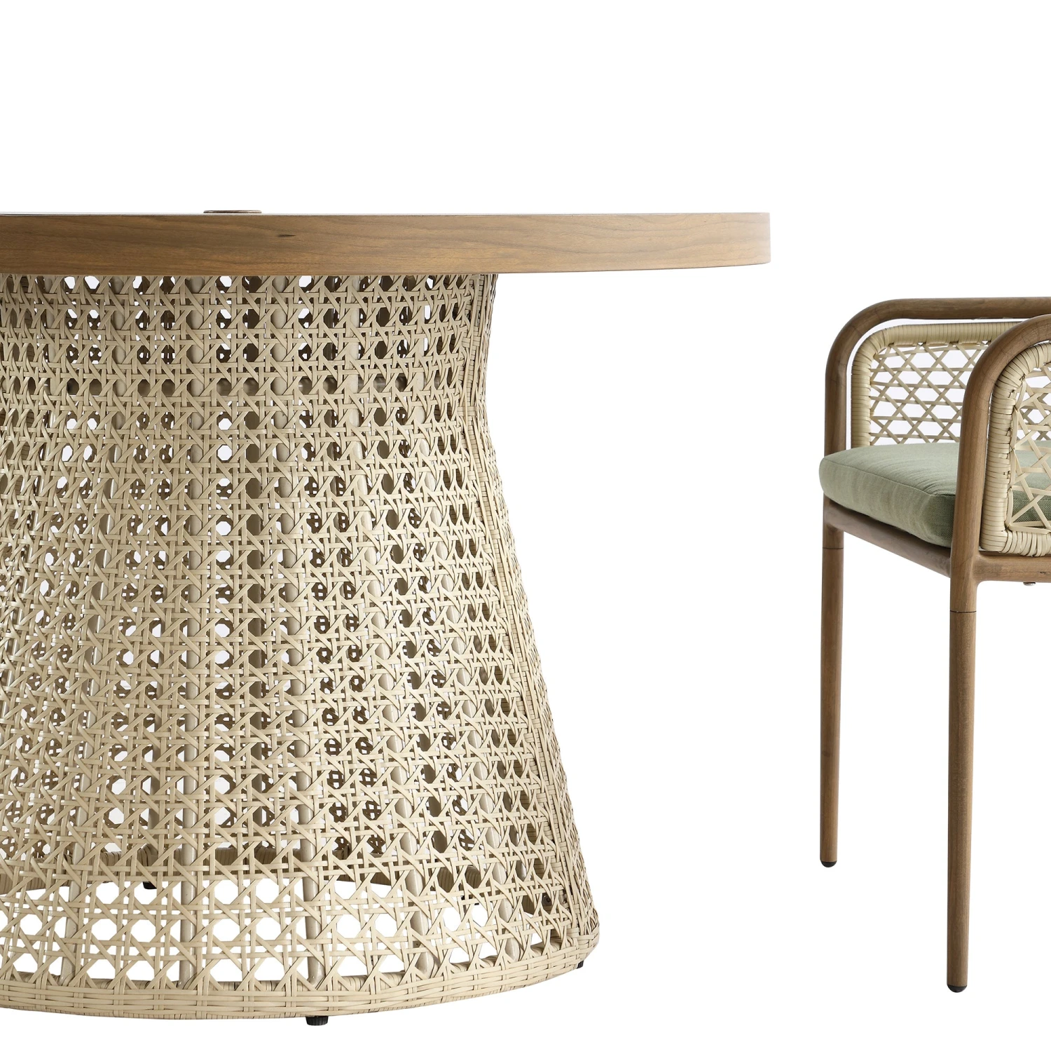 Pienza 4-Seater Outdoor Rattan Round Dining Set - Sage Green Fabric & Light Walnut Wood-Effect Frame 12 Pienza 4-Seater Outdoor Rattan Round Dining Set - Sage Green Fabric & Light Walnut Wood-Effect Frame - Image 12