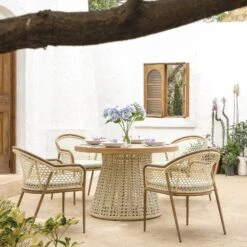 Pienza Outdoor Rattan 4-Seater Round Dining Set, Sage Green Fabric With Light Walnut Frame