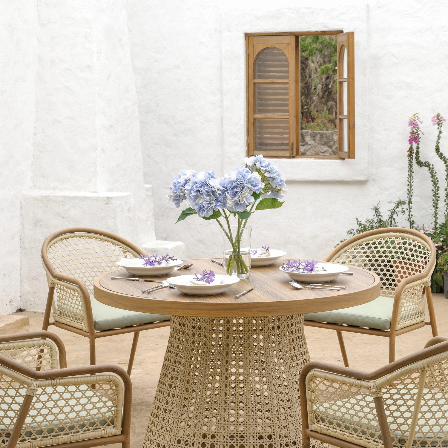 Pienza 4-Seater Outdoor Rattan Round Dining Set - Sage Green Fabric & Light Walnut Wood-Effect Frame 2 Pienza 4-Seater Outdoor Rattan Round Dining Set - Sage Green Fabric & Light Walnut Wood-Effect Frame - Image 2