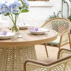Pienza 4-Seater Outdoor Rattan Round Dining Set - Sage Green Fabric & Light Walnut Wood-Effect Frame 18 Pienza 4-Seater Outdoor Rattan Round Dining Set - Sage Green Fabric & Light Walnut Wood-Effect Frame -Daals Store OD DINE 2202 WALN GREEN SET scene2