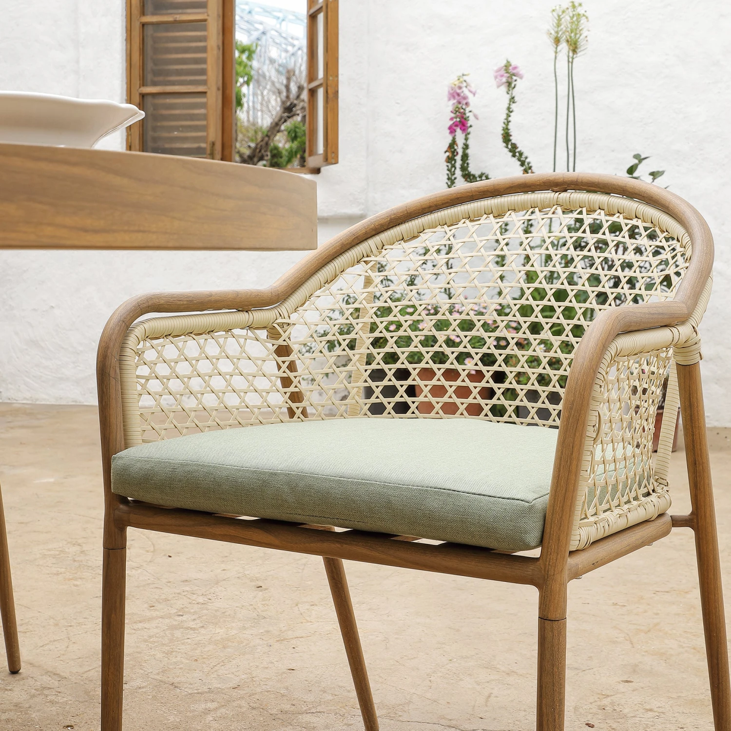 Pienza 4-Seater Outdoor Rattan Round Dining Set - Sage Green Fabric & Light Walnut Wood-Effect Frame 6 Pienza 4-Seater Outdoor Rattan Round Dining Set - Sage Green Fabric & Light Walnut Wood-Effect Frame - Image 6