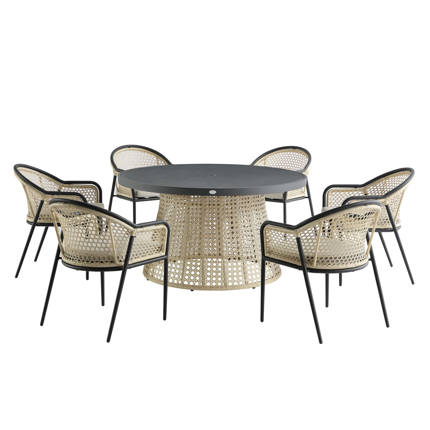 Pienza Outdoor Rattan 6-Seater Round Dining Set, Oatmeal Fabric With Black Frame 8 Pienza Outdoor Rattan 6-Seater Round Dining Set, Oatmeal Fabric With Black Frame - Image 8