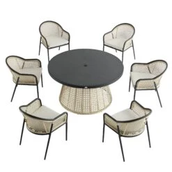 Pienza Outdoor Rattan 6-Seater Round Dining Set, Oatmeal Fabric With Black Frame 22 Pienza Outdoor Rattan 6-Seater Round Dining Set, Oatmeal Fabric With Black Frame -Daals Store OD DINE 2227 BLACK OAT SET WB2
