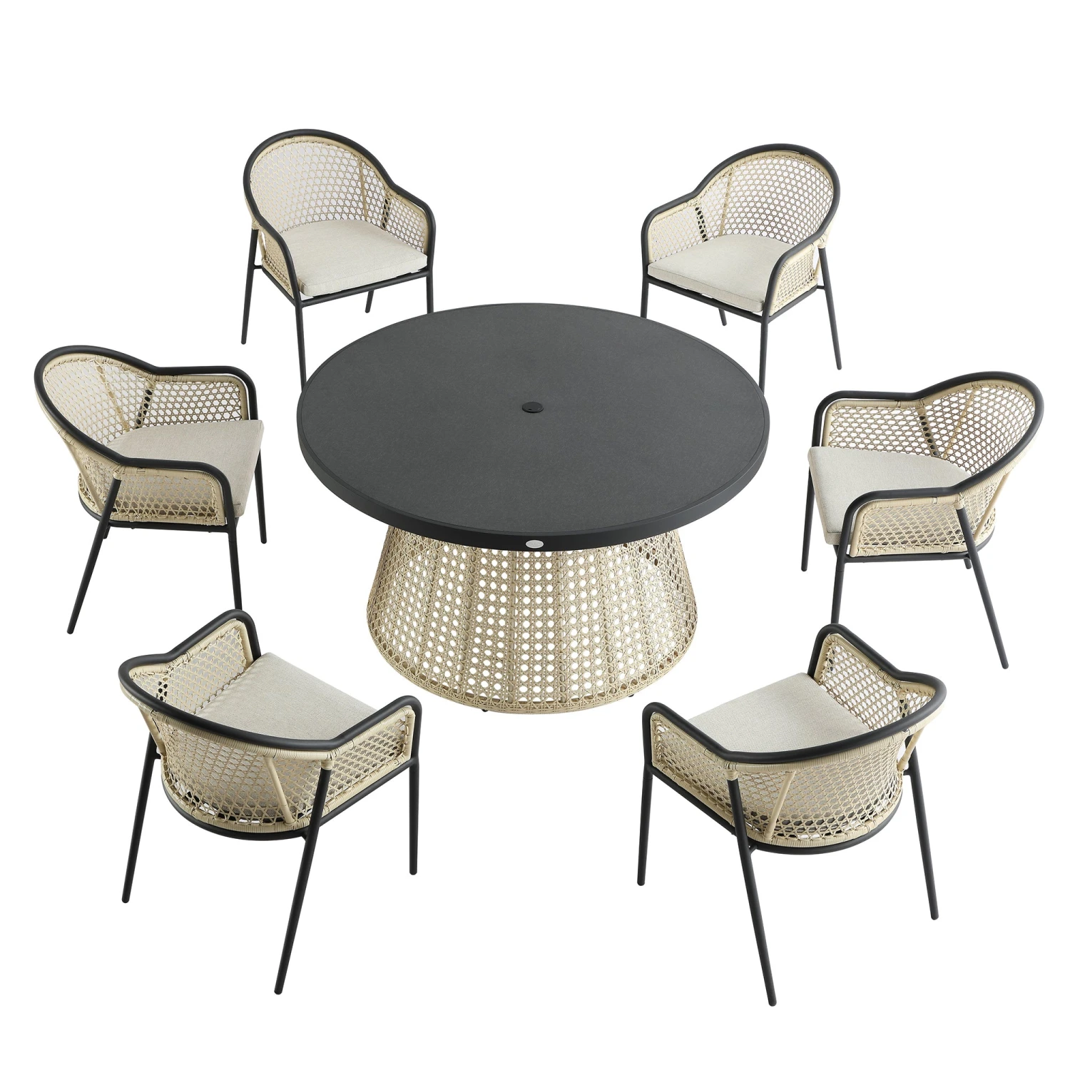 Pienza Outdoor Rattan 6-Seater Round Dining Set, Oatmeal Fabric With Black Frame 9 Pienza Outdoor Rattan 6-Seater Round Dining Set, Oatmeal Fabric With Black Frame - Image 9