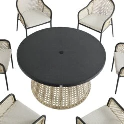 Pienza Outdoor Rattan 6-Seater Round Dining Set, Oatmeal Fabric With Black Frame 25 Pienza Outdoor Rattan 6-Seater Round Dining Set, Oatmeal Fabric With Black Frame -Daals Store OD DINE 2227 BLACK OAT SET detail1