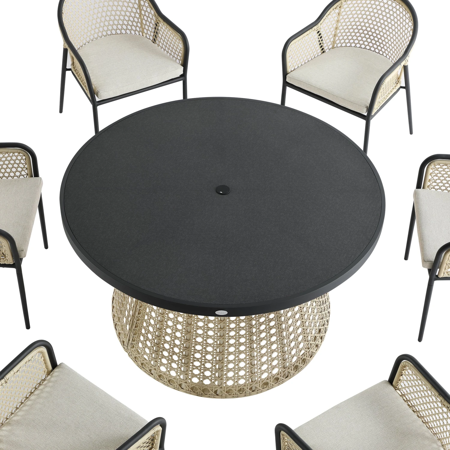 Pienza Outdoor Rattan 6-Seater Round Dining Set, Oatmeal Fabric With Black Frame 12 Pienza Outdoor Rattan 6-Seater Round Dining Set, Oatmeal Fabric With Black Frame - Image 12