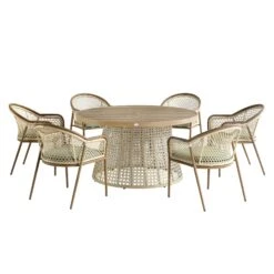 Pienza Outdoor Rattan 6-Seater Round Dining Set, Sage Green Fabric With Light Walnut Frame 21 Pienza Outdoor Rattan 6-Seater Round Dining Set, Sage Green Fabric With Light Walnut Frame -Daals Store OD DINE 2227 WALN GREEN SET WB1