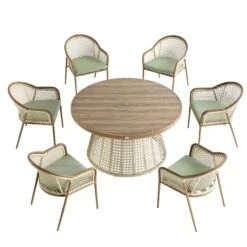 Pienza Outdoor Rattan 6-Seater Round Dining Set, Sage Green Fabric With Light Walnut Frame 22 Pienza Outdoor Rattan 6-Seater Round Dining Set, Sage Green Fabric With Light Walnut Frame -Daals Store OD DINE 2227 WALN GREEN SET WB2
