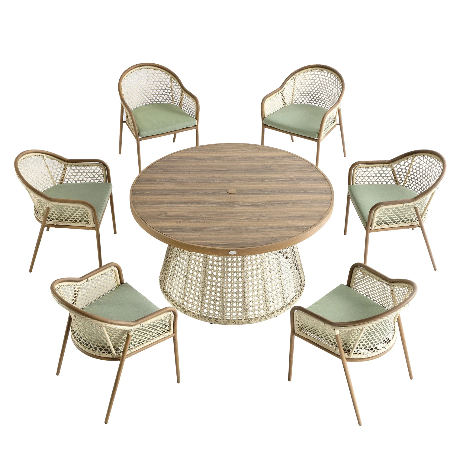 Pienza Outdoor Rattan 6-Seater Round Dining Set, Sage Green Fabric With Light Walnut Frame 9 Pienza Outdoor Rattan 6-Seater Round Dining Set, Sage Green Fabric With Light Walnut Frame - Image 9