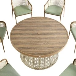 Pienza Outdoor Rattan 6-Seater Round Dining Set, Sage Green Fabric With Light Walnut Frame 25 Pienza Outdoor Rattan 6-Seater Round Dining Set, Sage Green Fabric With Light Walnut Frame -Daals Store OD DINE 2227 WALN GREEN SET detail1
