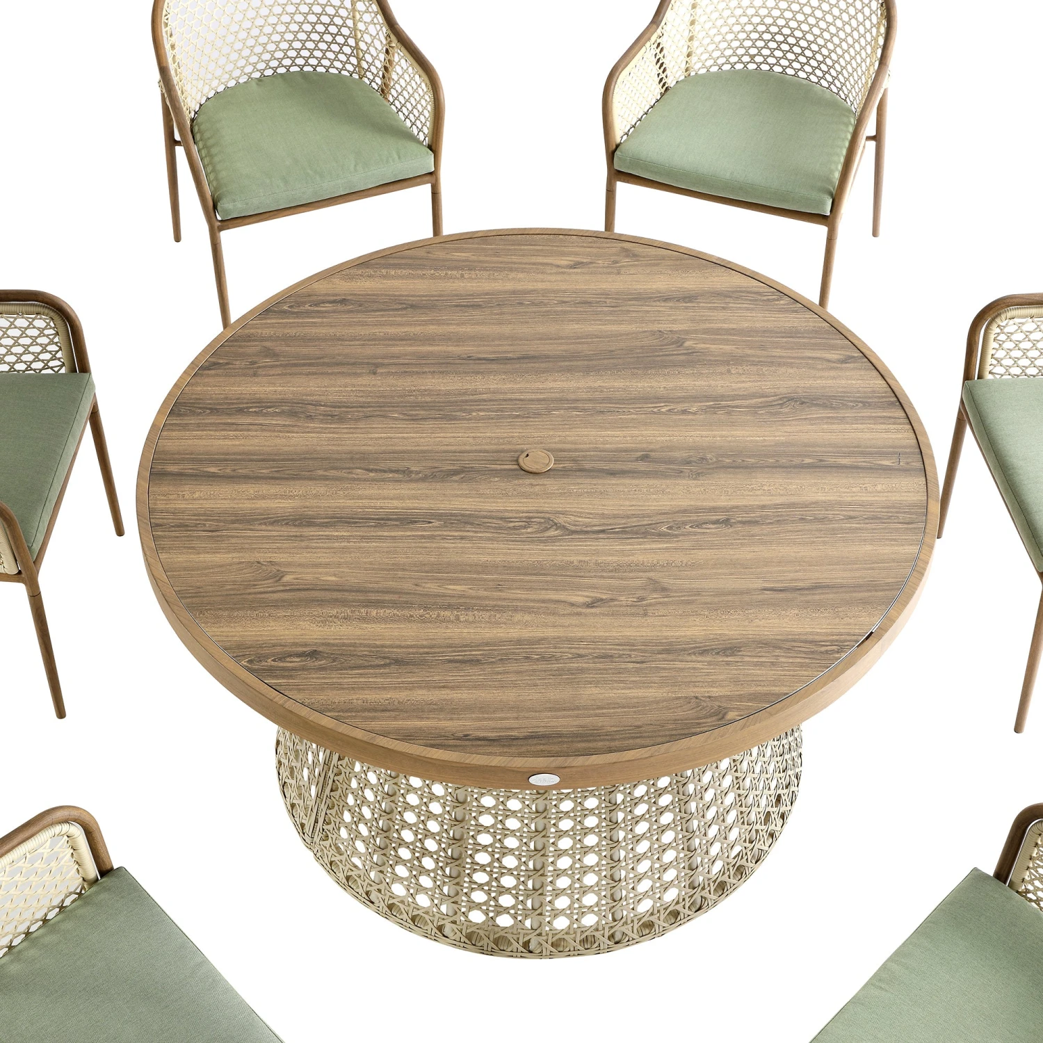 Pienza Outdoor Rattan 6-Seater Round Dining Set, Sage Green Fabric With Light Walnut Frame 12 Pienza Outdoor Rattan 6-Seater Round Dining Set, Sage Green Fabric With Light Walnut Frame - Image 12