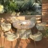 Pienza Outdoor Rattan 6-Seater Round Dining Set, Sage Green Fabric With Light Walnut Frame -Daals Store OD DINE 2227 WALN GREEN SET main