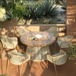 Pienza Outdoor Rattan 6-Seater Round Dining Set, Sage Green Fabric With Light Walnut Frame