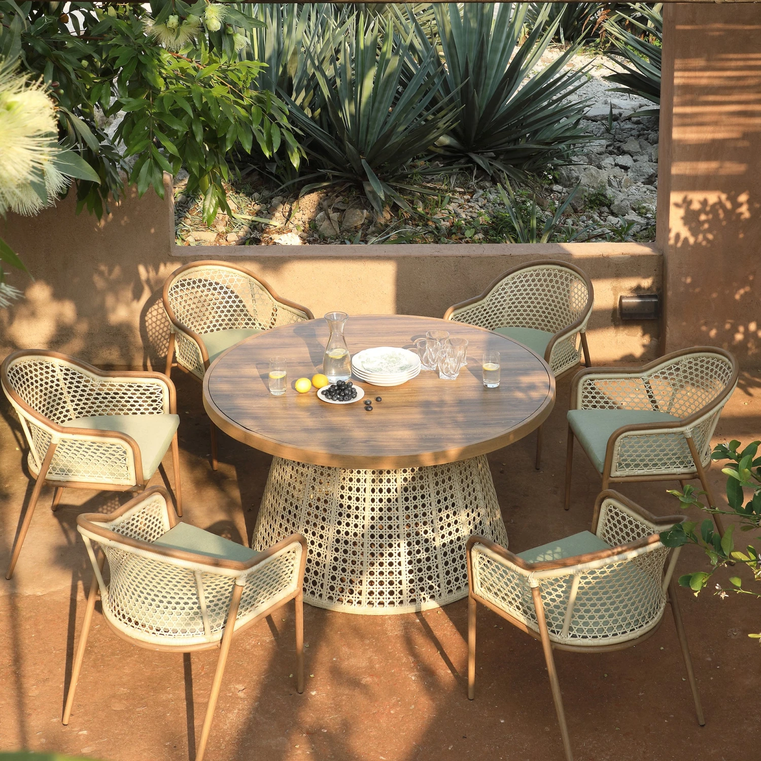 Pienza Outdoor Rattan 6-Seater Round Dining Set, Sage Green Fabric With Light Walnut Frame 1 Pienza Outdoor Rattan 6-Seater Round Dining Set, Sage Green Fabric With Light Walnut Frame