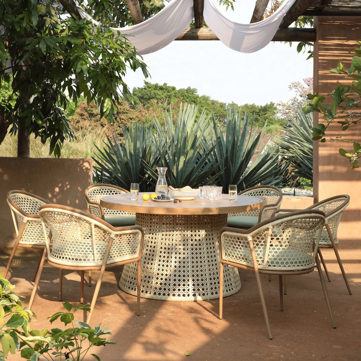 Pienza Outdoor Rattan 6-Seater Round Dining Set, Sage Green Fabric With Light Walnut Frame 2 Pienza Outdoor Rattan 6-Seater Round Dining Set, Sage Green Fabric With Light Walnut Frame - Image 2