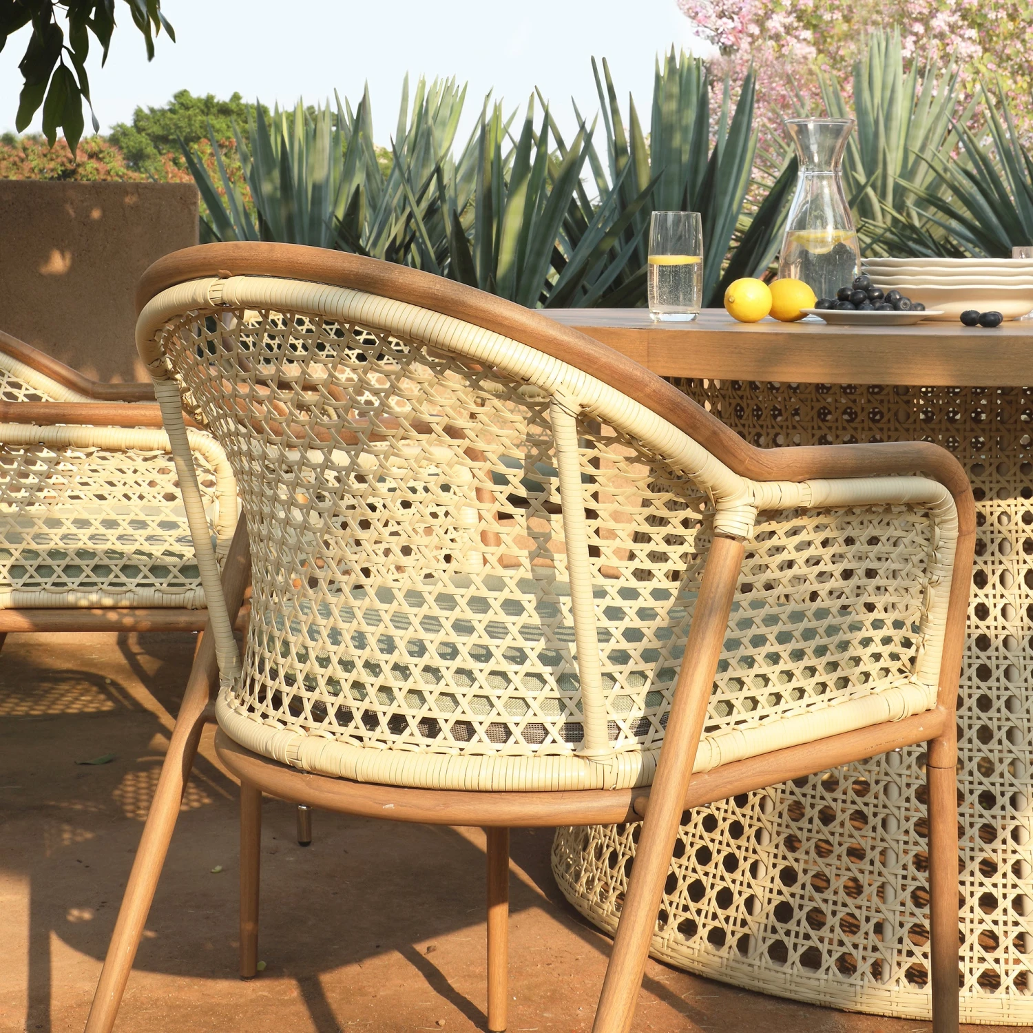 Pienza Outdoor Rattan 6-Seater Round Dining Set, Sage Green Fabric With Light Walnut Frame 7 Pienza Outdoor Rattan 6-Seater Round Dining Set, Sage Green Fabric With Light Walnut Frame - Image 7