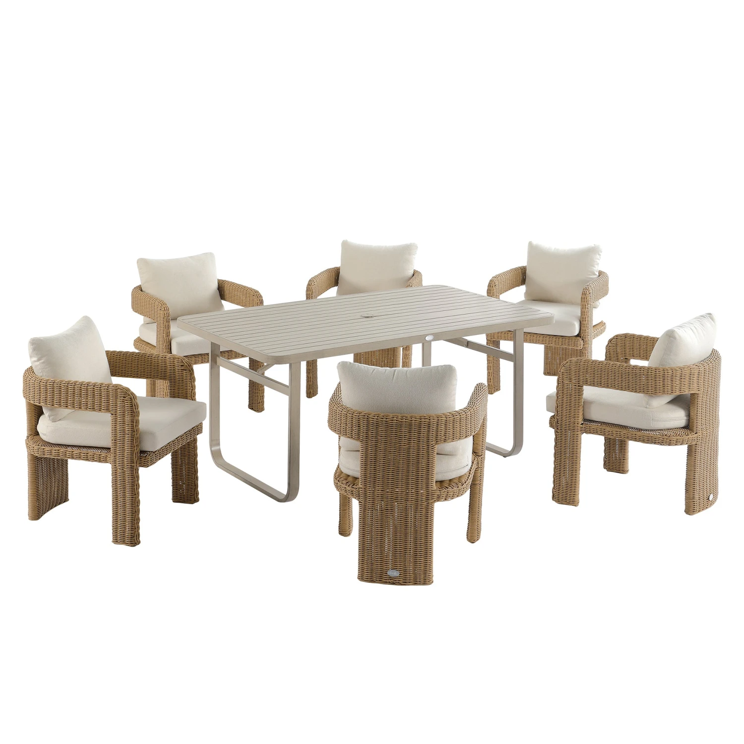 Stanford Natural Round Wicker 6-Seater Rectangular Dining Set β Weathered Wood Finish Table & Beige Cushions 1 Stanford Natural Round Wicker 6-Seater Rectangular Dining Set β Weathered Wood Finish Table & Beige Cushions