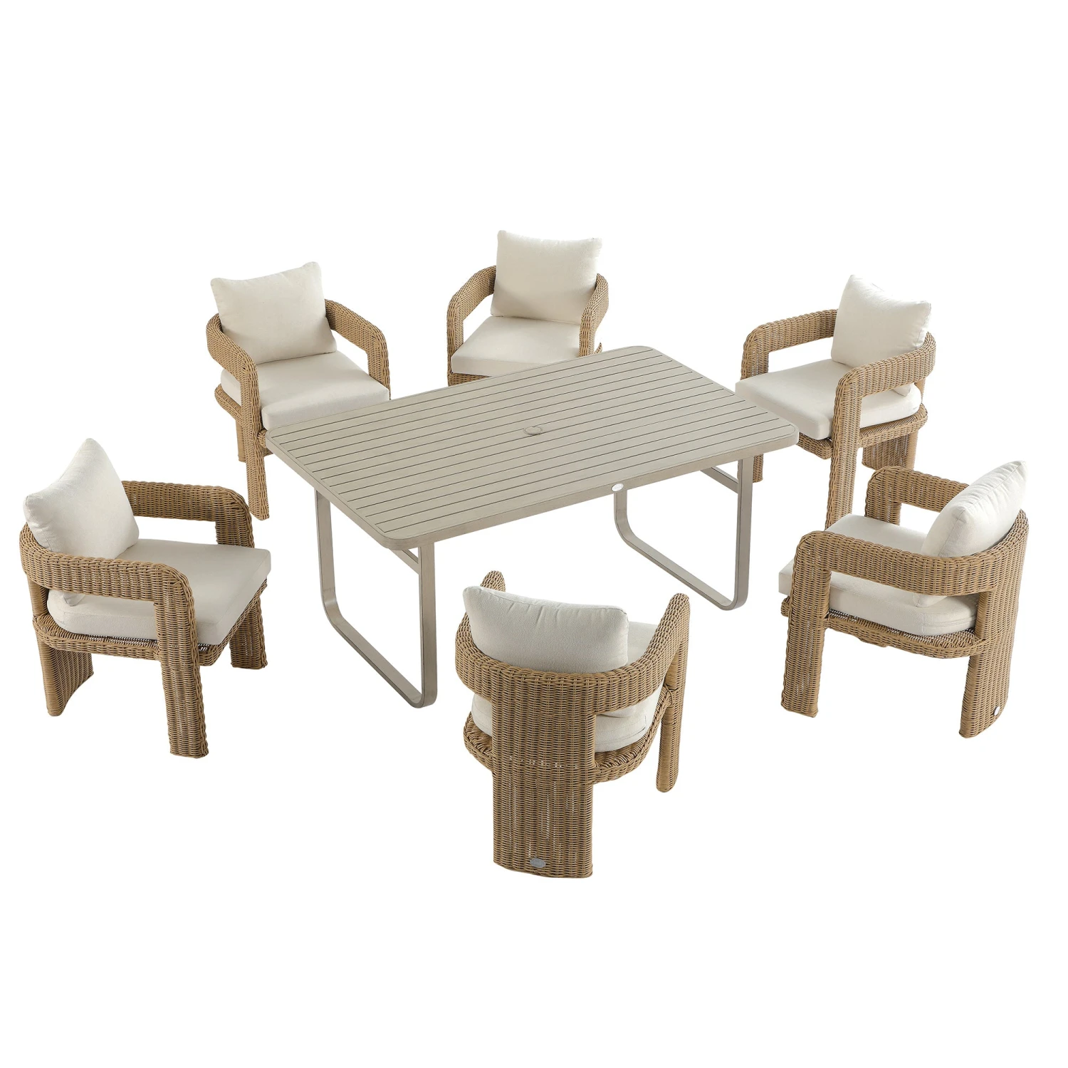 Stanford Natural Round Wicker 6-Seater Rectangular Dining Set β Weathered Wood Finish Table & Beige Cushions 4 Stanford Natural Round Wicker 6-Seater Rectangular Dining Set β Weathered Wood Finish Table & Beige Cushions - Image 4